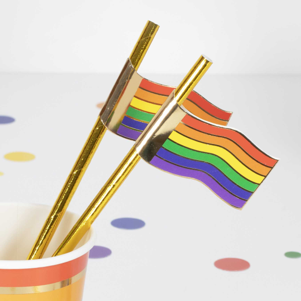 16 Gold Foiled Rainbow Flag Straws