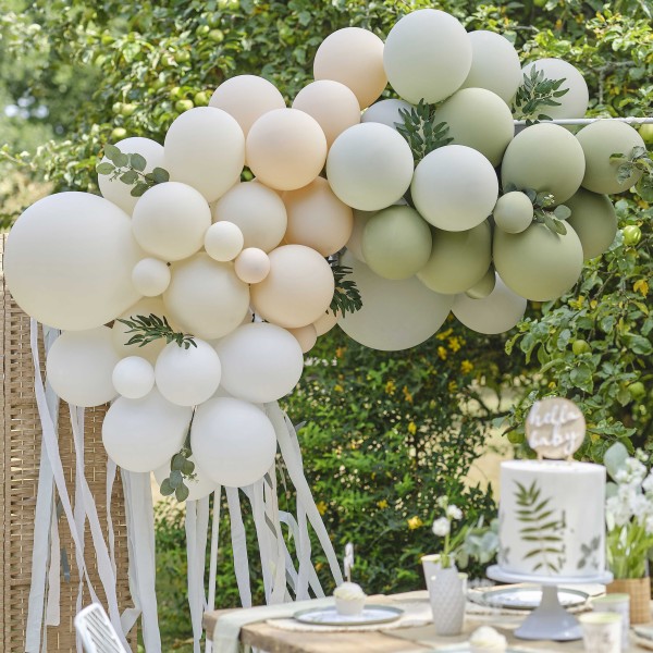 Balloon Arch - streamers and leaves - Green and Nude
