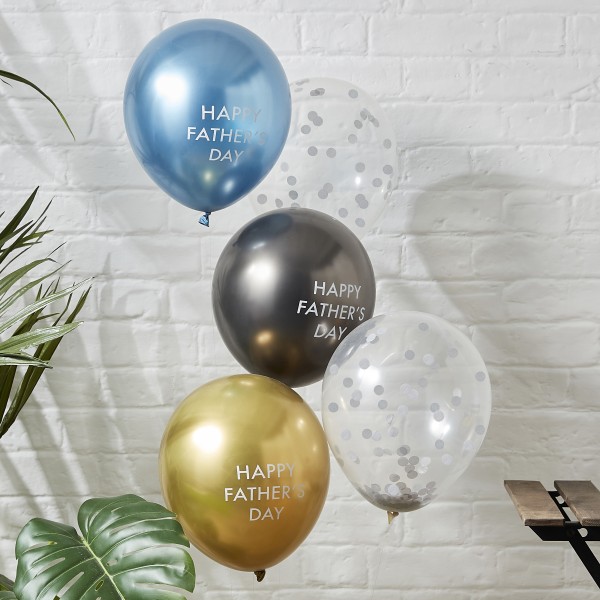 Balloon Cluster - 5 Pack Happy Fathers Day - Chrome &amp; Confetti