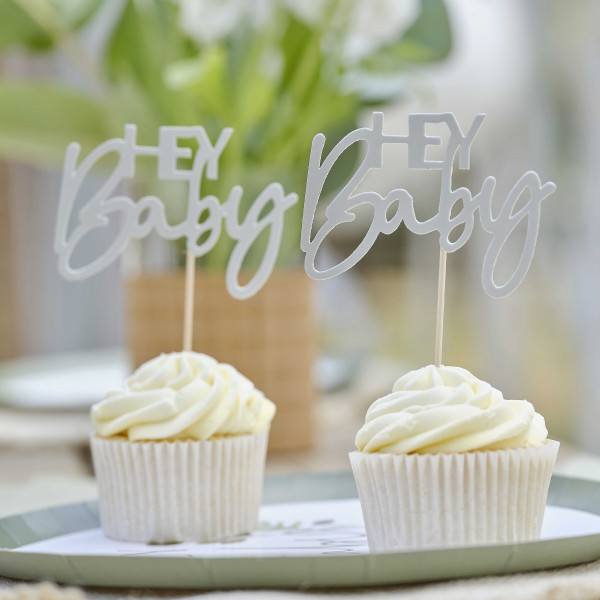 Cupcake Topper- Hey Baby - Green and Nude