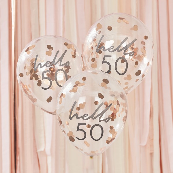5 Rose Gold Confetti Filled &#039;Hello 50&#039; Balloons