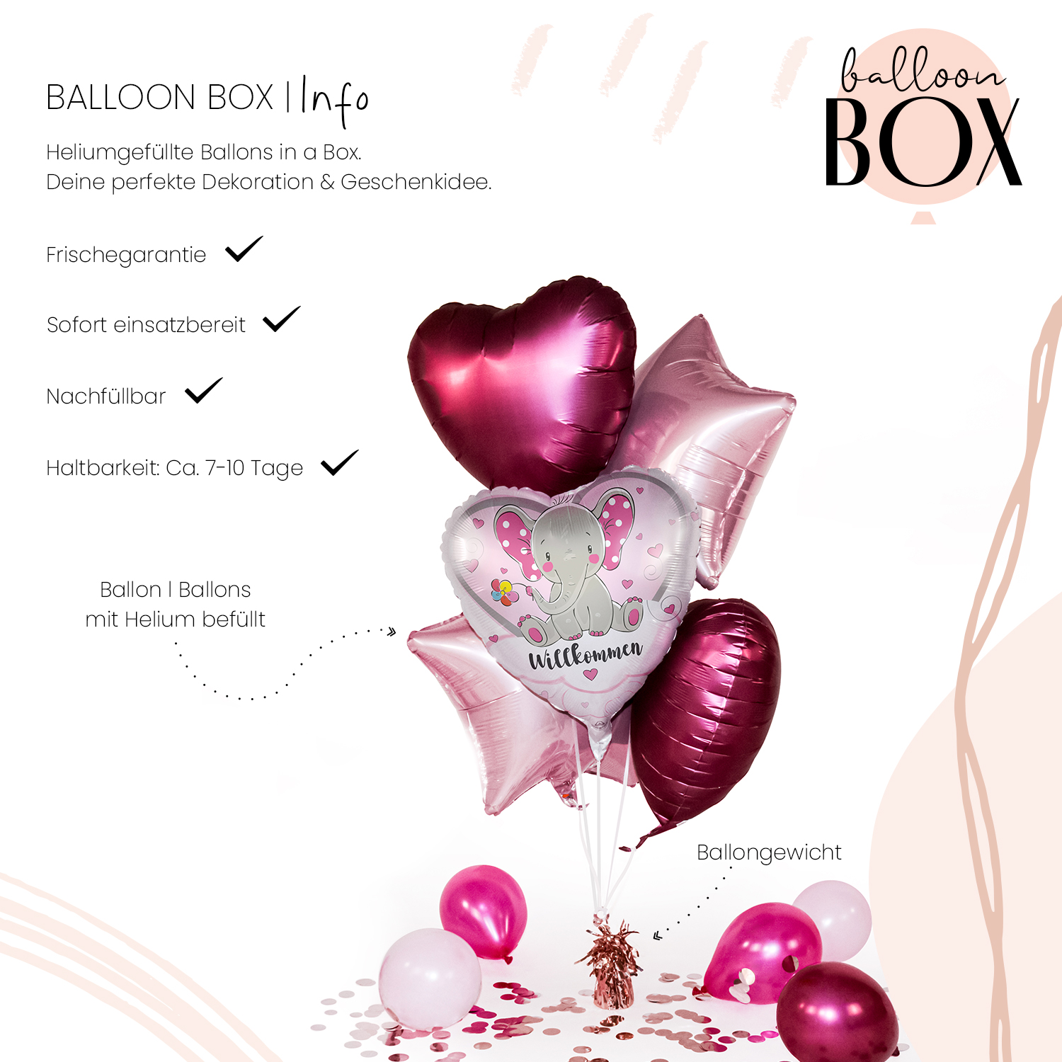Heliumballon in a Box - Elefant Willkommen Rosa