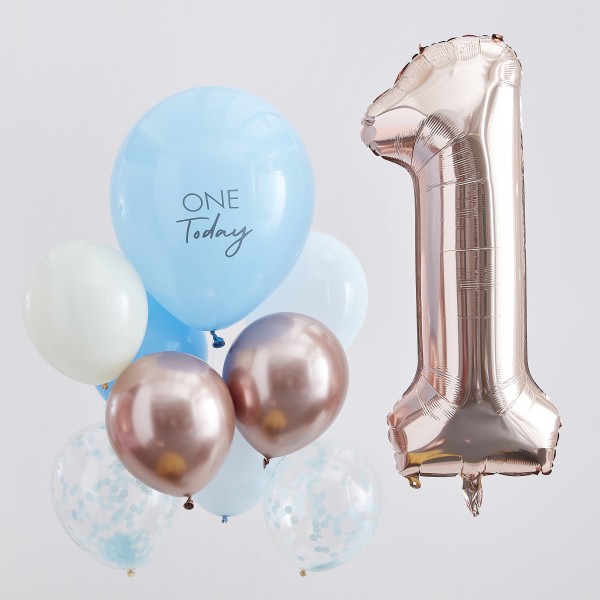 10 Balloons - Blue and Rose Gold 1 Today Balloon Bundle