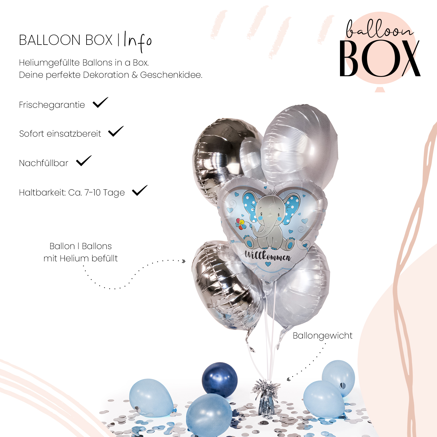 Heliumballon in a Box - Elefant Willkommen Hellblau