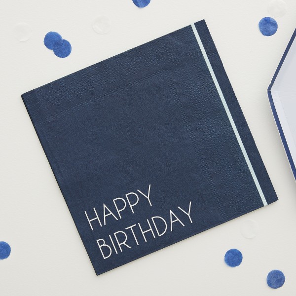 16 Eco Paper Napkins - Happy Birthday - Navy &amp; Light Blue