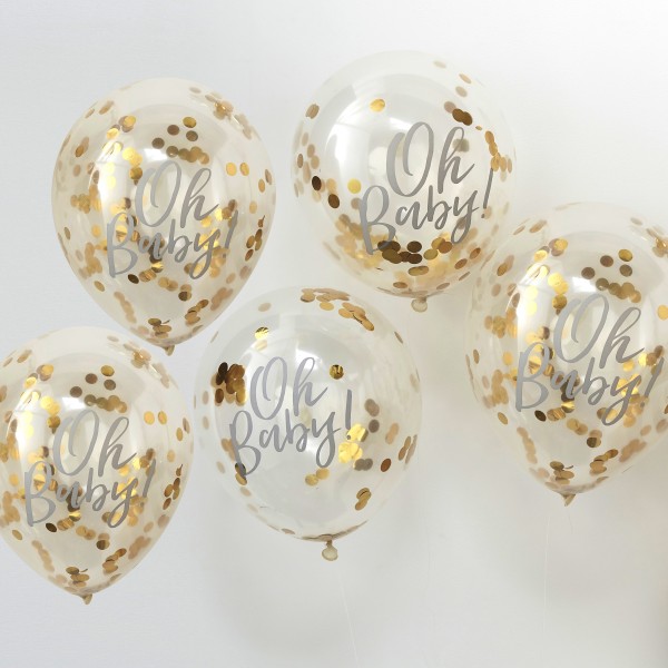 5 Balloons - 12&quot; Confetti - Gold - Oh Baby!